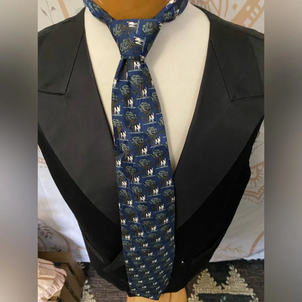 Vtg BIG DOGS Men's All Over Print 100% Silk Neck Tie 90s Blue Trees Korea